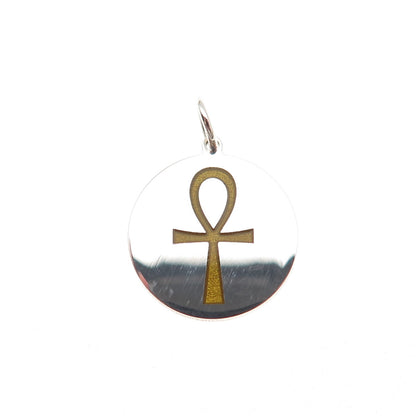 925 Sterling Silver Mustard Enamel Egyptian Ankh Round Tag Mini Charm Pendant