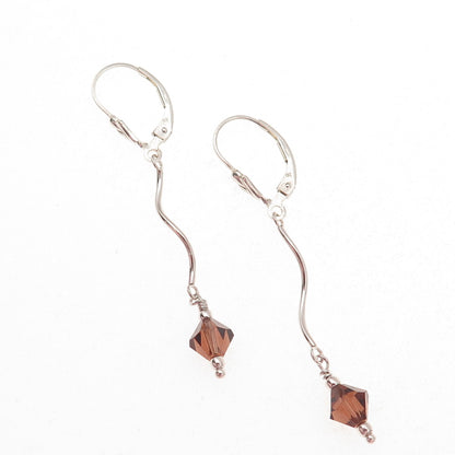 925 Sterling Silver Smoky Crystal Wavy Drop Dangle Earrings