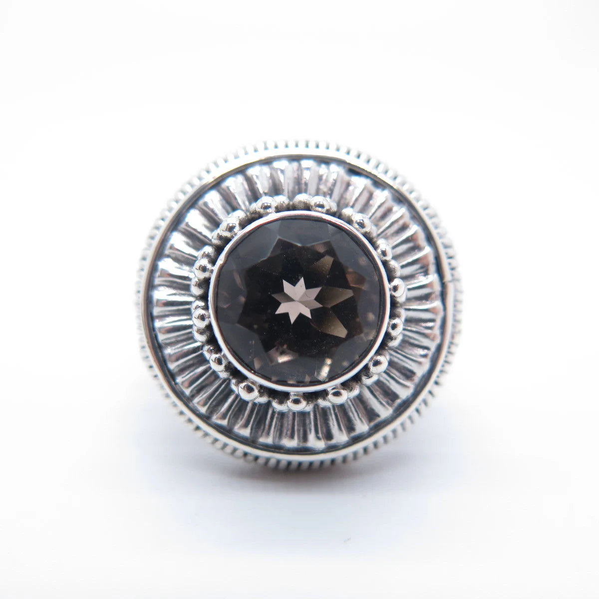 925 Sterling Silver Vintage Real Smoky Quartz Beaded Fox Chain Ring Size 6