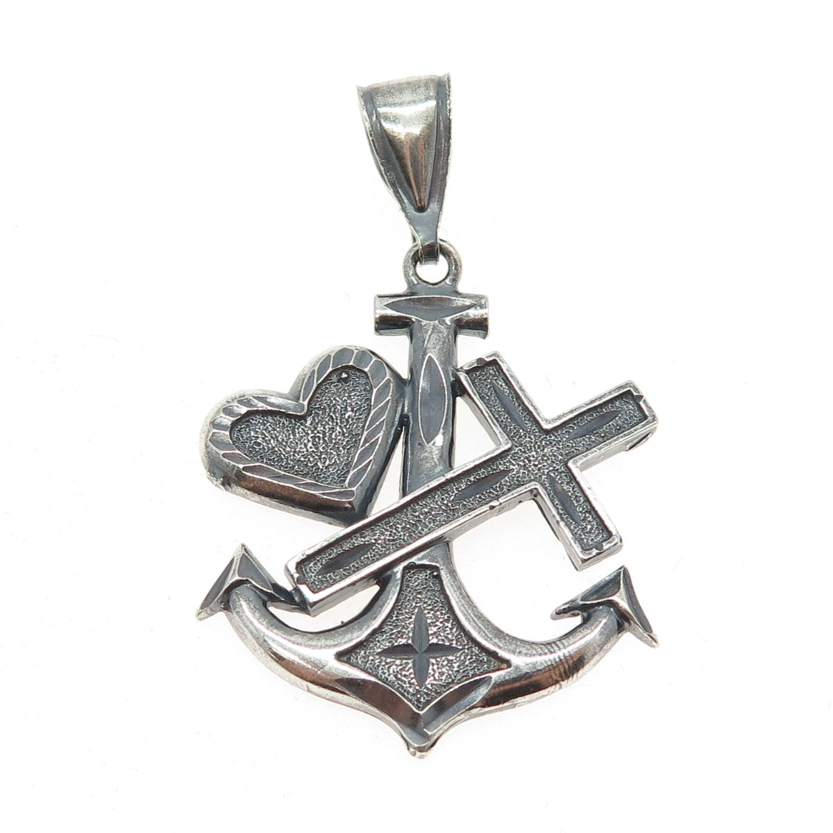 925 Sterling Silver Vintage Anchor Cross & Heart Oxidized Pendant