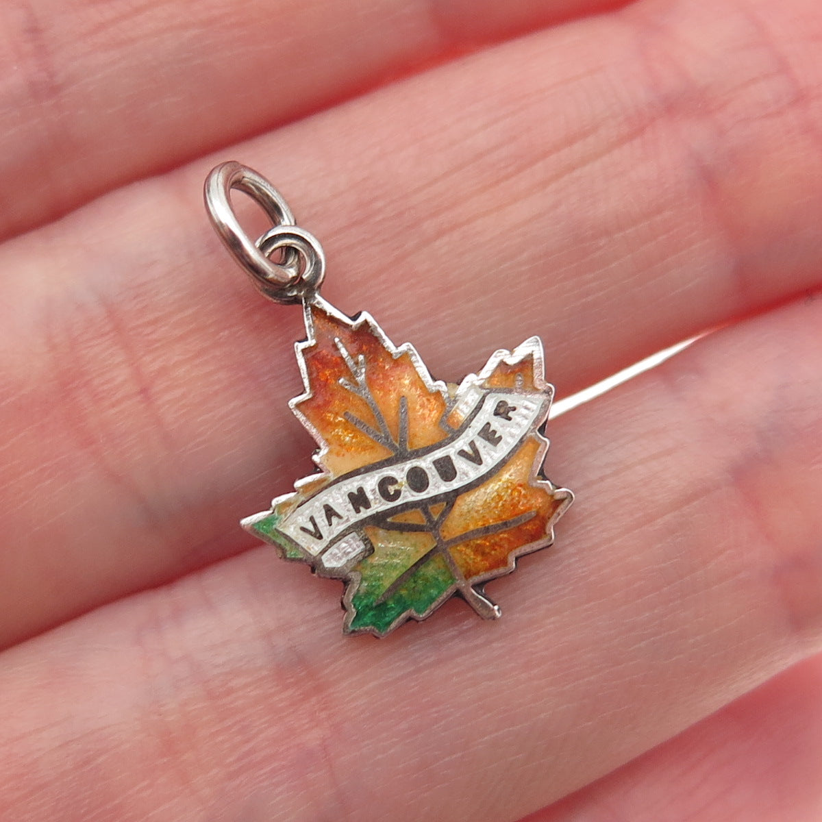 925 Sterling Silver Vintage Enamel Vancouver Maple Leaf Mini Charm Pendant