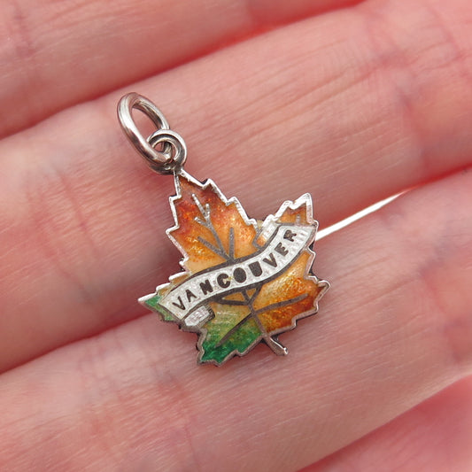 925 Sterling Silver Vintage Enamel Vancouver Maple Leaf Mini Charm Pendant