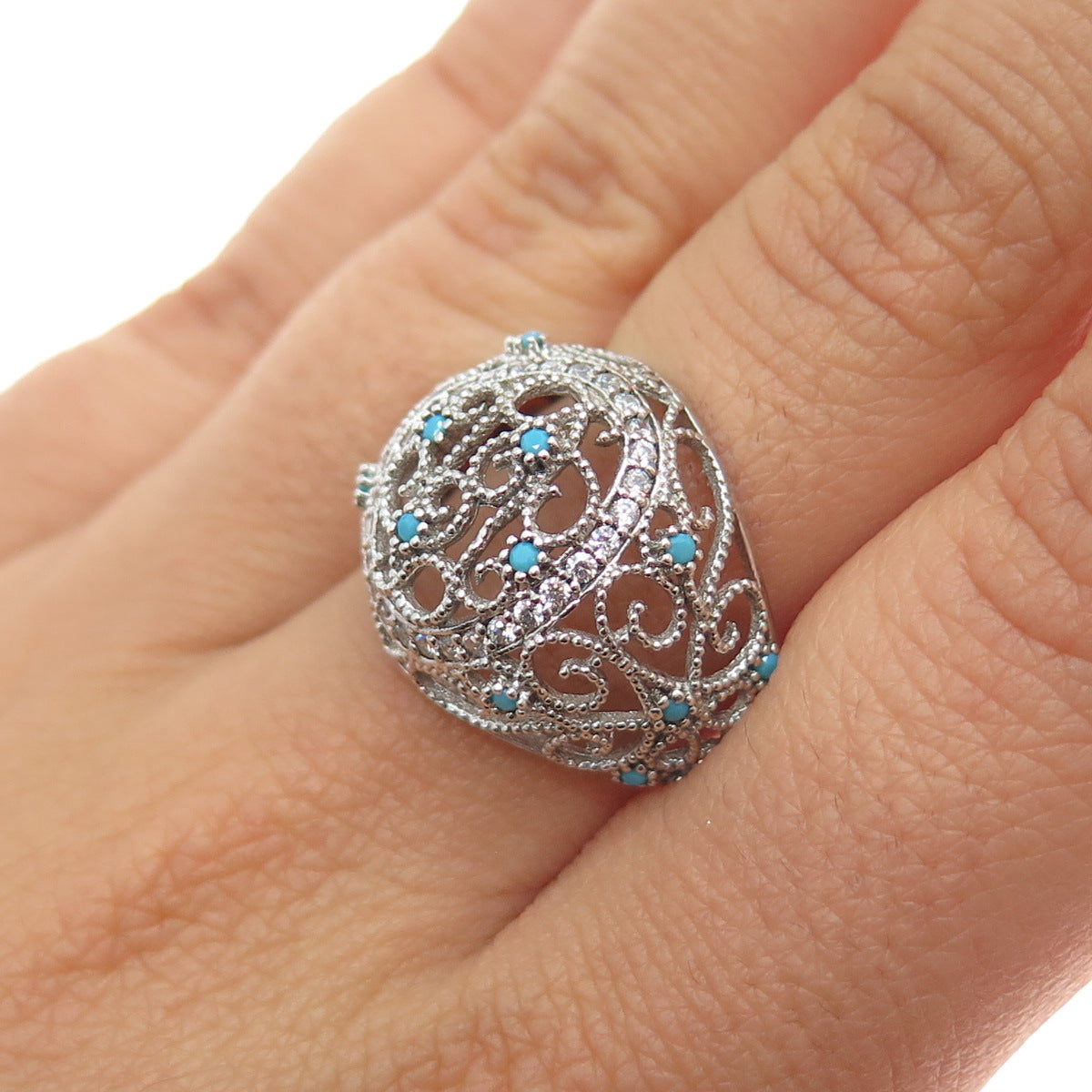 925 Sterling Silver Vintage Real Turquoise Filigree Dome Ring Size 7.75