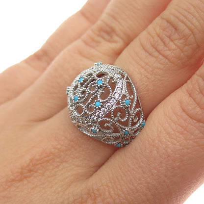 925 Sterling Silver Vintage Real Turquoise Filigree Dome Ring Size 7.75