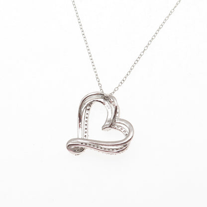 925 Sterling Silver Real Round-Cut Diamond Heart Cable Chain Necklace 20"