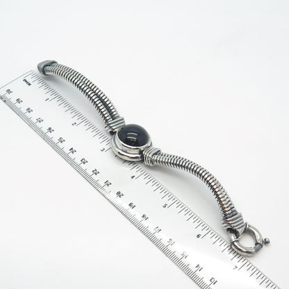 925 Sterling Silver Vintage Black Onyx Gem 2-Row Tubogas Link Bracelet 6.75"