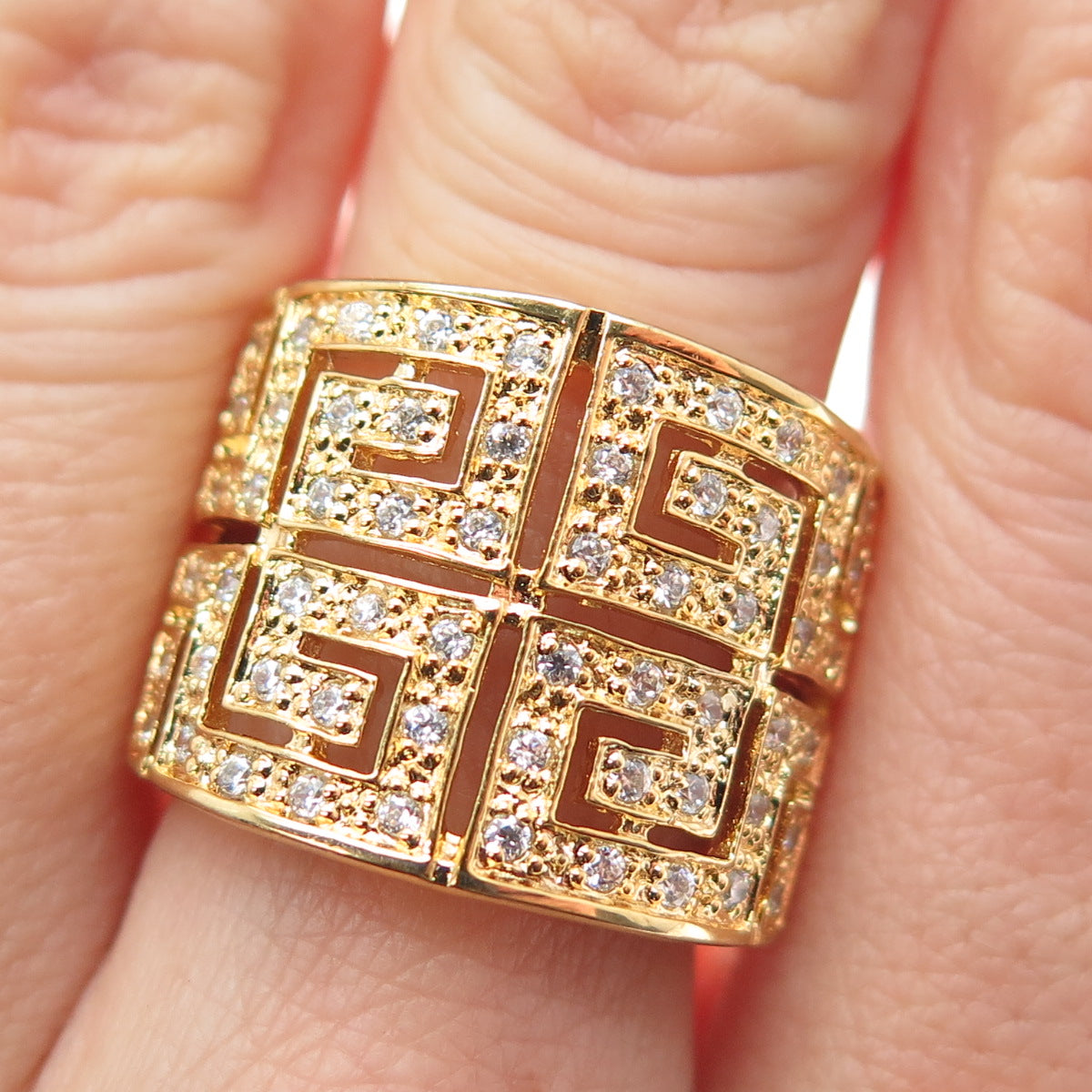 925 Sterling Silver Gold Plated Round-Cut C Z Greek Maze Ring Size 7