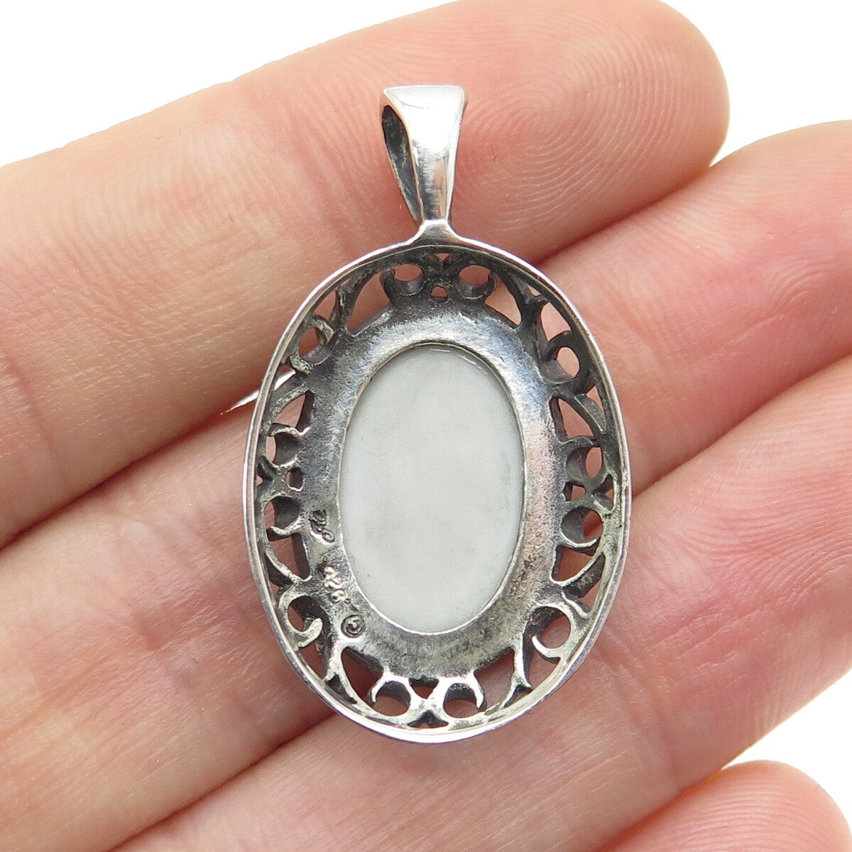 JEZLAINE 925 Sterling Silver Vintage Floral Ceramic Oxidized Swirl Pendant