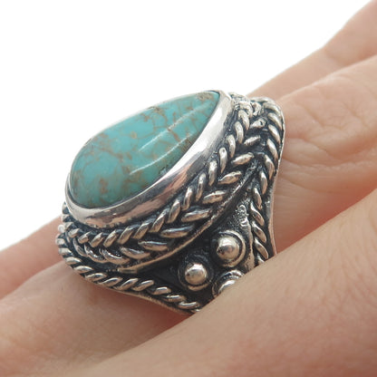 925 Sterling Silver Vintage Real Pear-Cut Turquoise Oxidized Ring Size 9.25