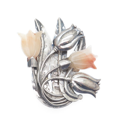 925 Sterling Silver Vintage Mexico Real Carved Agate Tulip Oxidized Pin Brooch