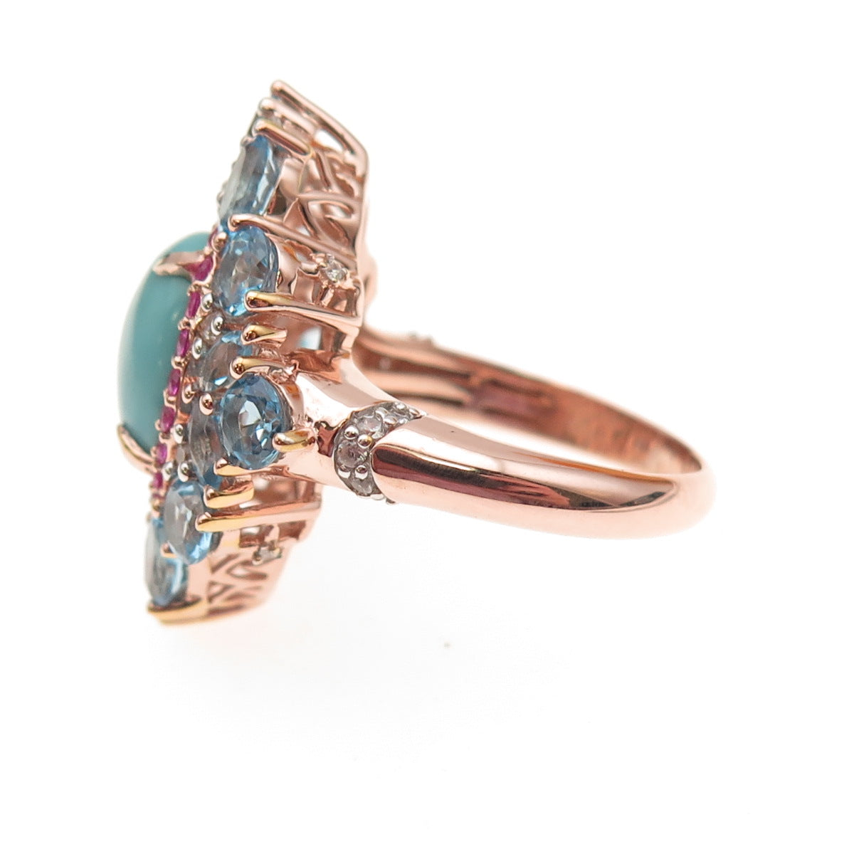 925 Sterling Gold Plated Real Turquoise Ruby Blue & White Topaz Ring Size 8.25
