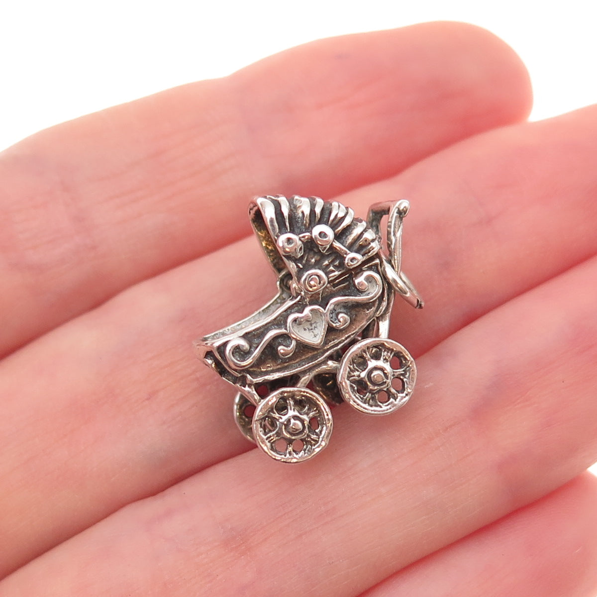 925 Sterling Silver Antique Art Deco Baby Stroller Oxidized 3D Charm Pendant