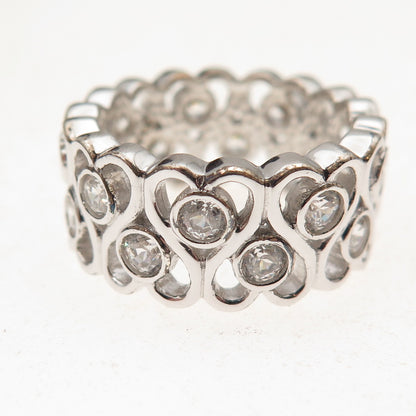 925 Sterling Silver Round-Cut C Z Heart Ornate Band Size 7.25