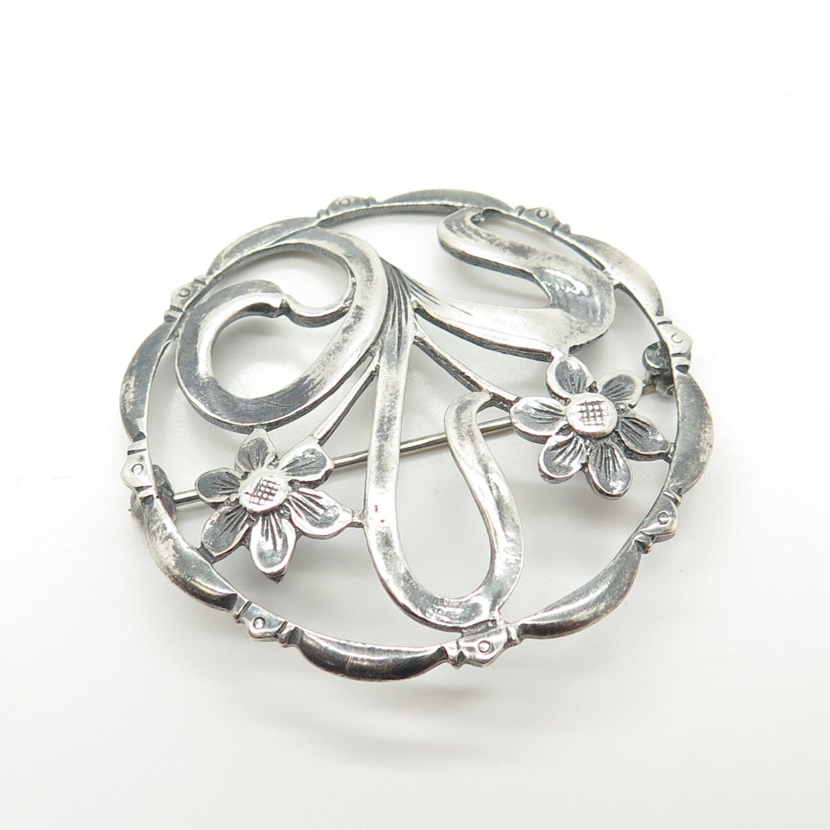 925 Sterling Silver Vintage Floral Blossom Round Pin Brooch