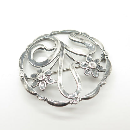 925 Sterling Silver Vintage Floral Blossom Round Pin Brooch