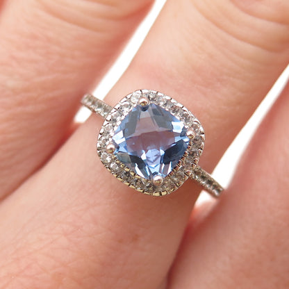 925 Sterling Silver Vintage Cushion-Cut Blue Round-Cut White C Z Ring Size 6.75