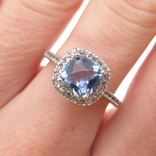 925 Sterling Silver Vintage Cushion-Cut Blue Round-Cut White C Z Ring Size 6.75