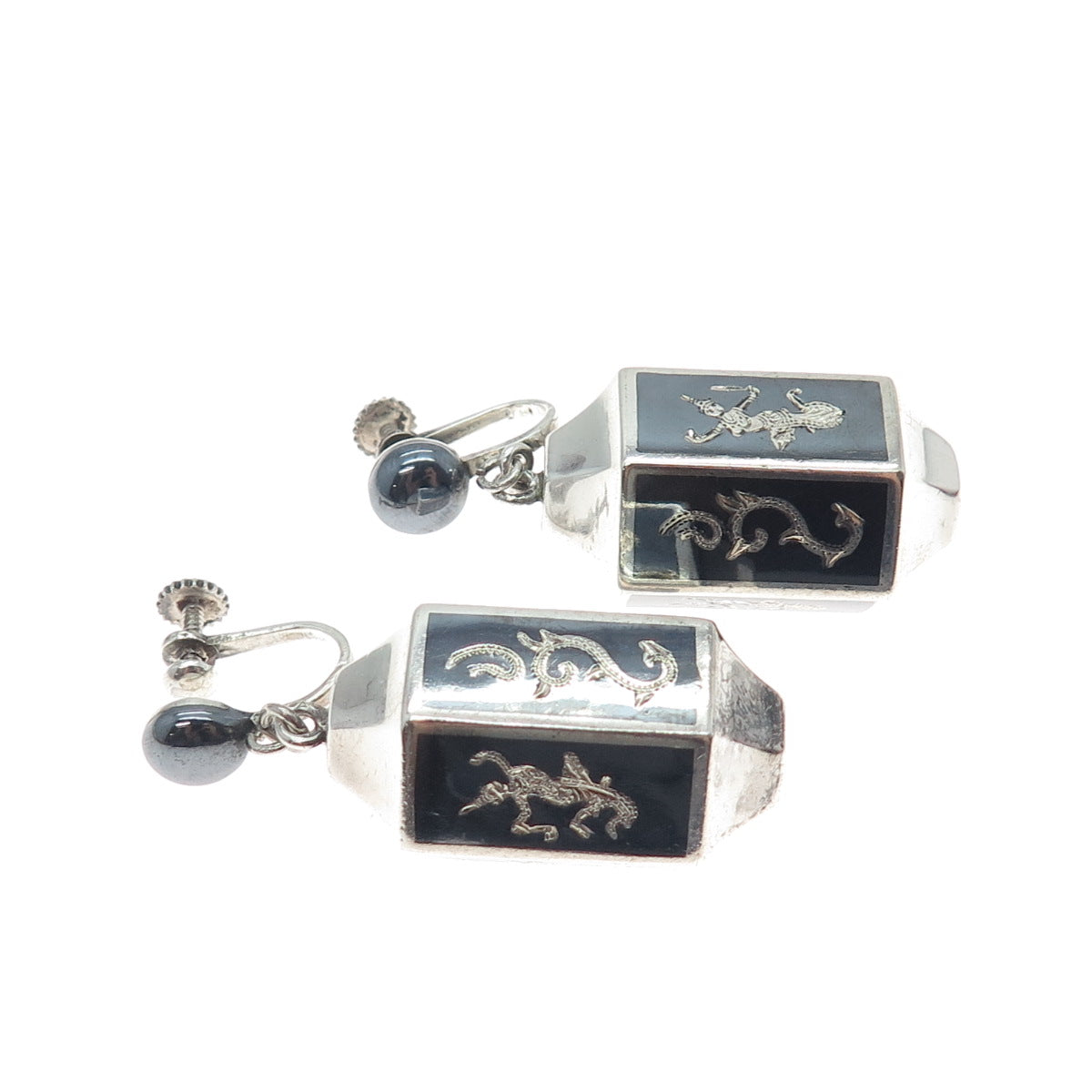 925 Sterling Silver Antique Siam Niello Hindu Goddess Screw Back Dangle Earrings