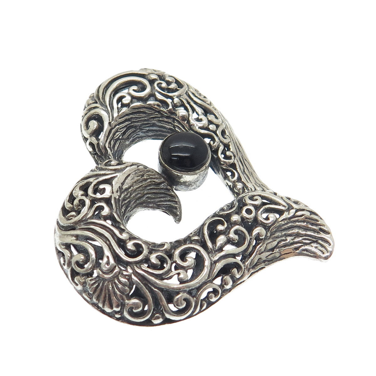 925 Sterling Silver Vintage Real Black Onyx Ornate Heart Oxidized Pendant