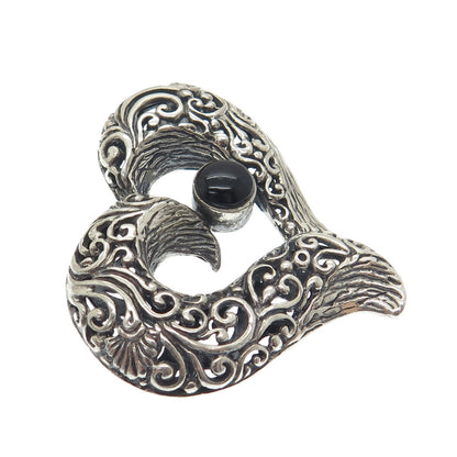 925 Sterling Silver Vintage Real Black Onyx Ornate Heart Oxidized Pendant