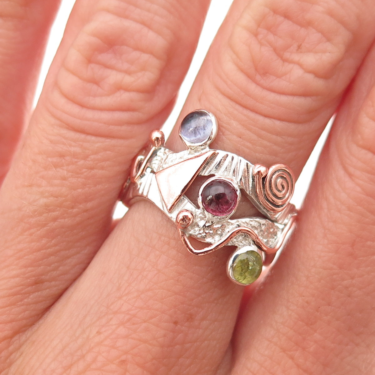925 Sterling Silver 2-Tone Vintage Real Tourmaline Peridot Iolite Ring Size 6.5