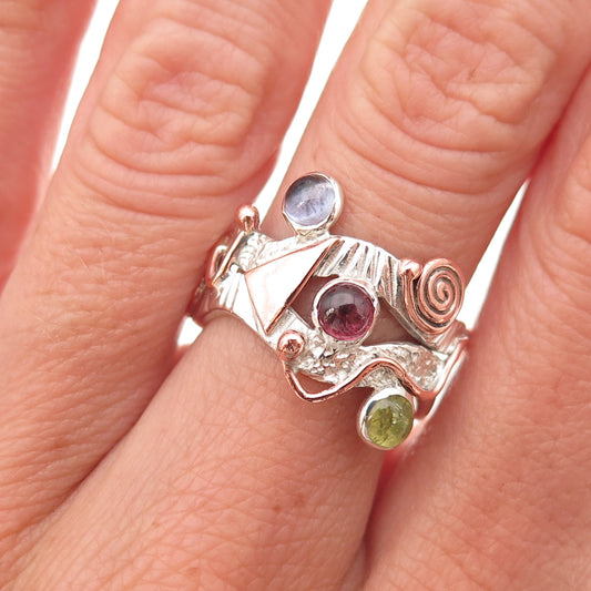 925 Sterling Silver 2-Tone Vintage Real Tourmaline Peridot Iolite Ring Size 6.5