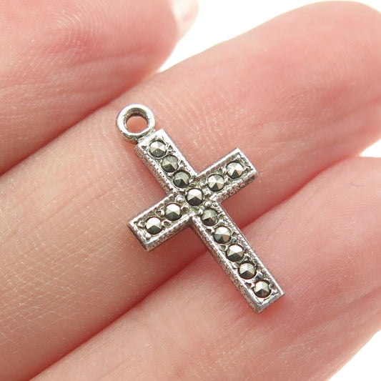 925 Sterling Silver Antique Art Deco Real Marcasite Cross Minimalist Pendant