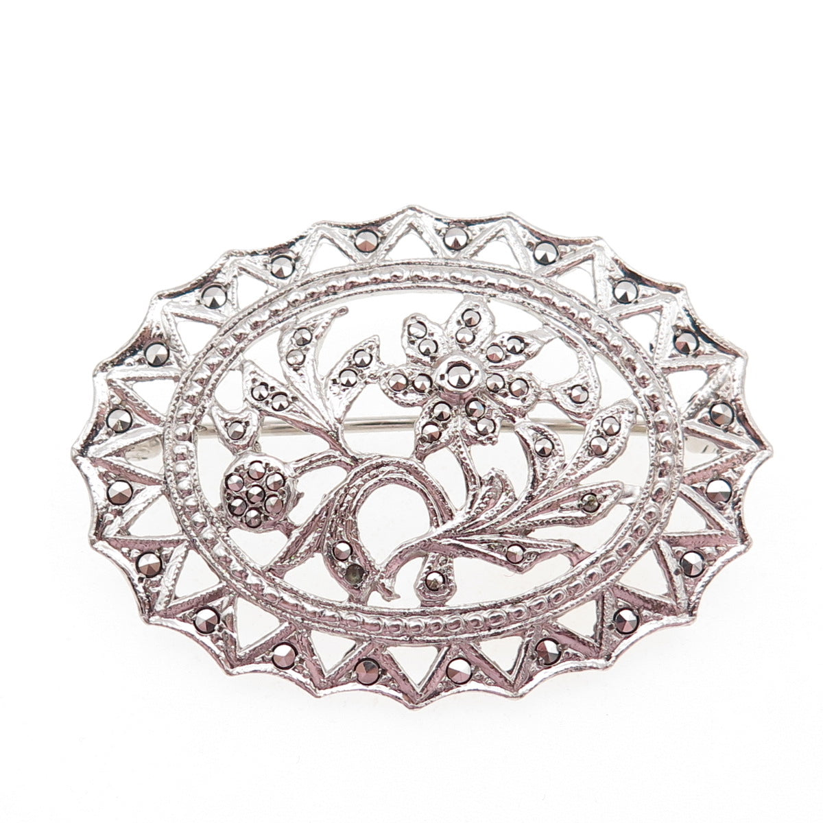 925 Sterling Silver Antique Art Deco Marcasite Flower Brooch (missing 1 stone)