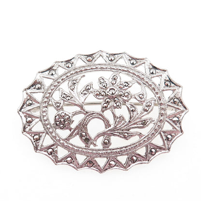 925 Sterling Silver Antique Art Deco Marcasite Flower Brooch (missing 1 stone)