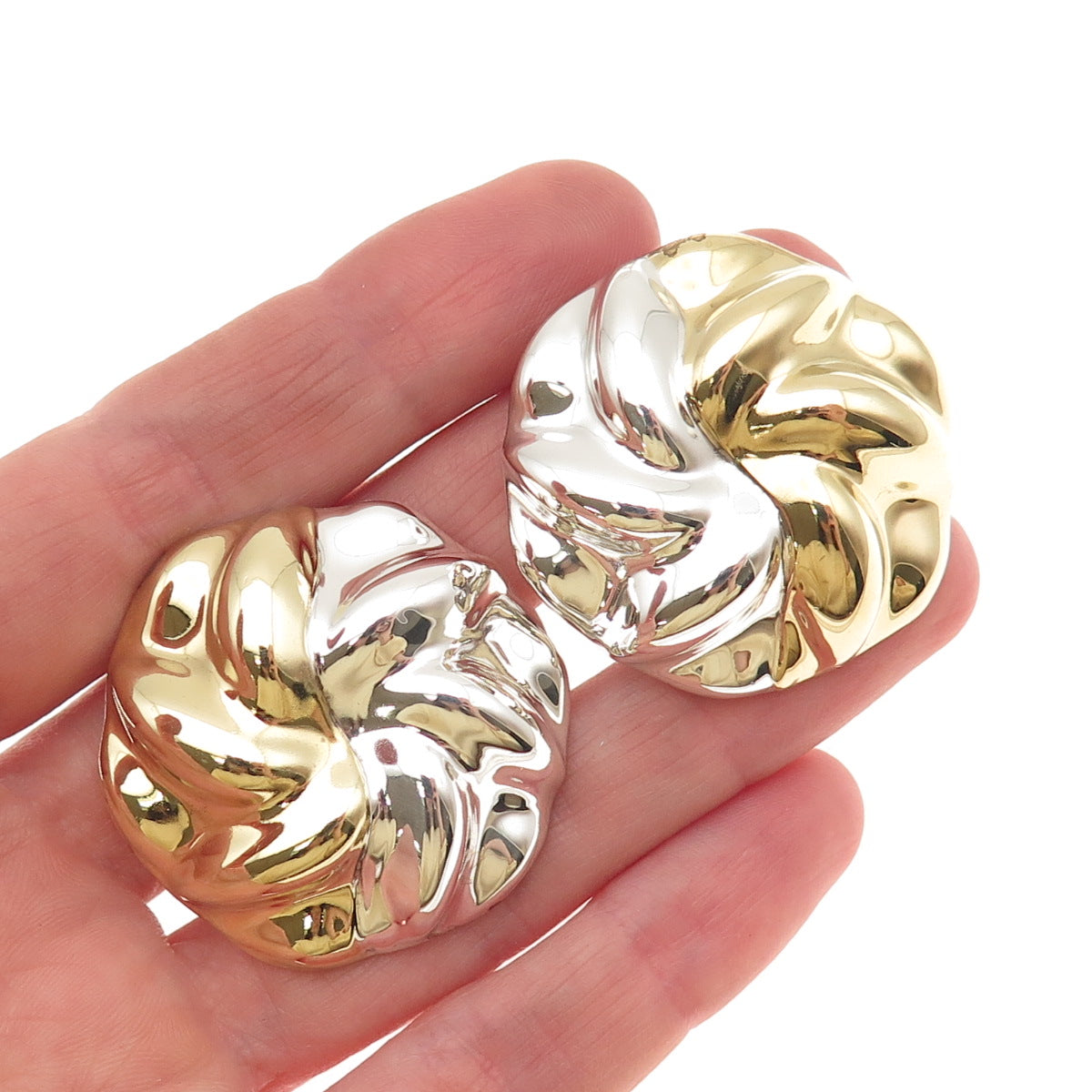 925 Sterling Silver 2-Tone Vintage Mexico Modernist Floral Clip On Earrings