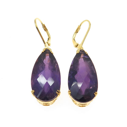 925 Sterling Silver Gold Plated Real Pear-Cut Amethyst Dangling Earrings