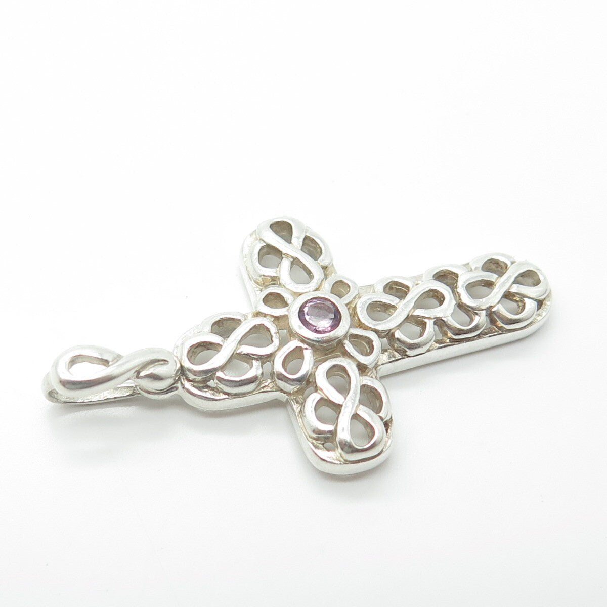 925 Sterling Silver Vintage Real Amethyst Gemstone Ornate Cross Pendant