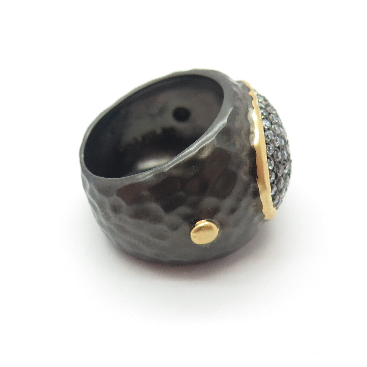 925 Sterling Silver Black Rhodium 2-Tone Pave C Z Hammered Finish Ring Size 7