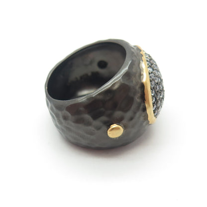 925 Sterling Silver Black Rhodium 2-Tone Pave C Z Hammered Finish Ring Size 7