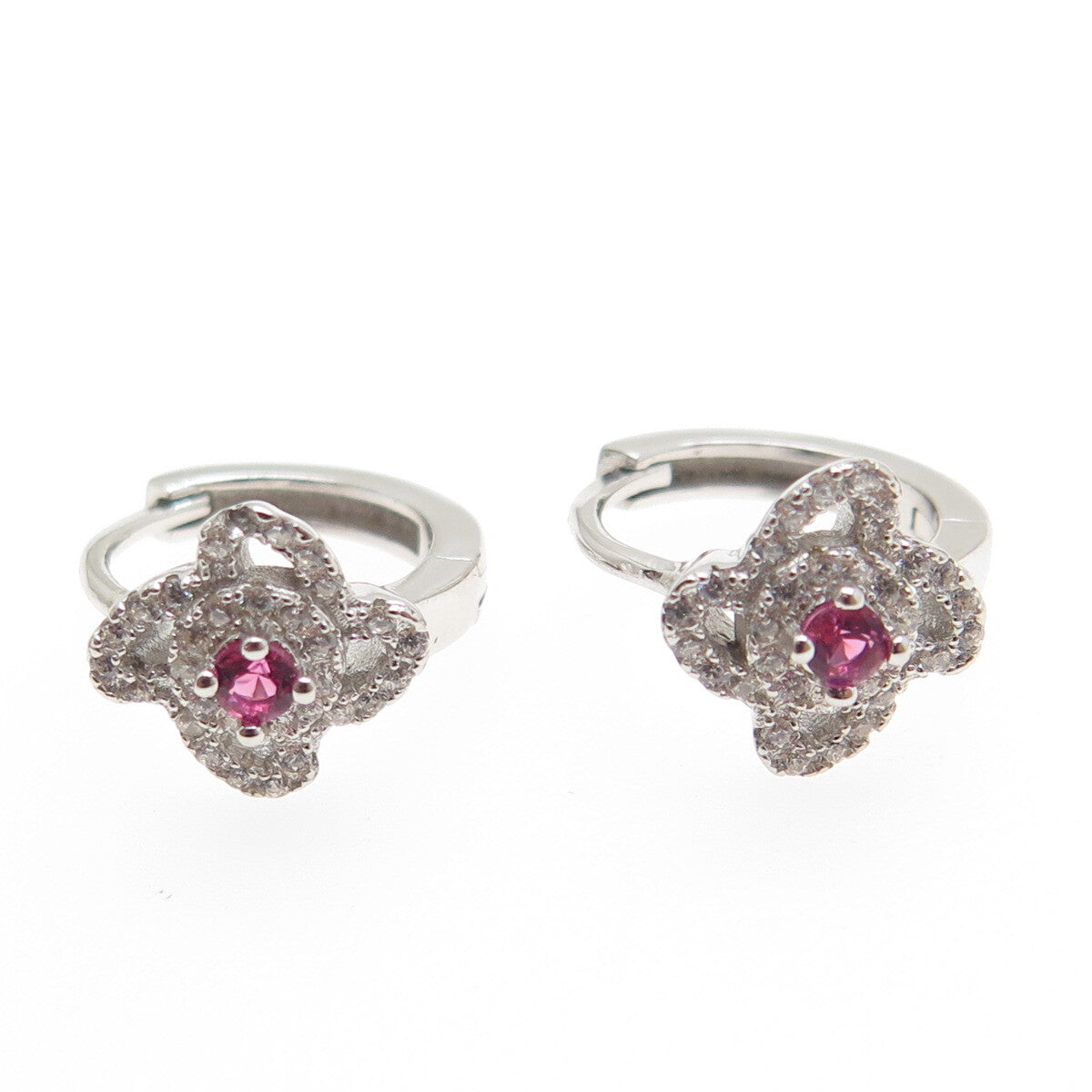 925 Sterling Silver Pink & White Round-Cut Shaped C Z Cross Hoop Earrings