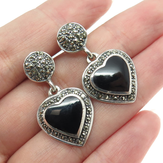 925 Sterling Silver Vintage Black Onyx & Marcasite Gem Art-Deco-Style Earrings