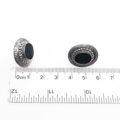 925 Sterling Silver Vintage Real Black Onyx Beaded Oxidized Earrings