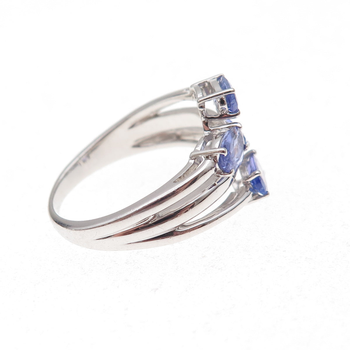 925 Sterling Silver Real Diamond & Tanzanite Bypass Ring Size 8.25