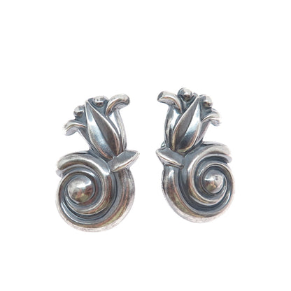925 Sterling Silver Vintage Modernist Tulip Flower Oxidized Screw Back Earrings