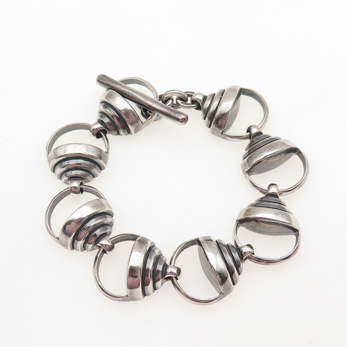 925 Sterling Silver Vintage Heavy 63.6g Modernist Link Oxidized Bracelet 6.5"