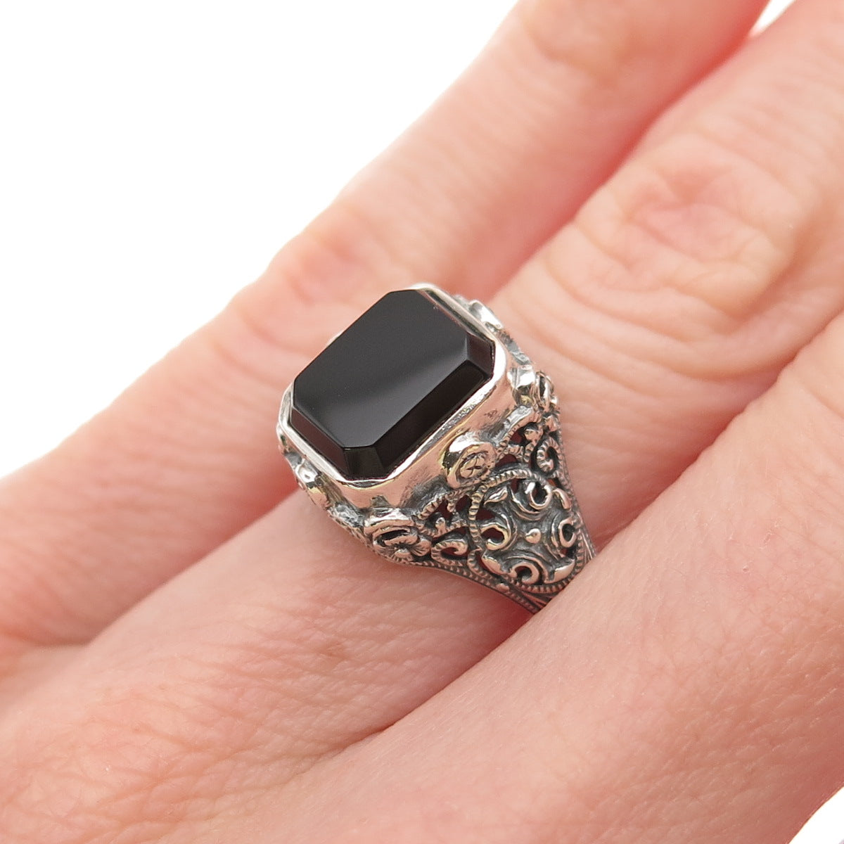 Pranda 925 Sterling Silver Vintage Real Black Onyx Oxidized Ring Size 5.75