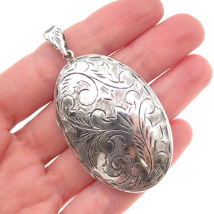 925 Sterling Silver Vintage Engraved Floral Oxidized Oval Locket Pendant