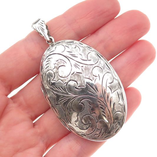 925 Sterling Silver Vintage Engraved Floral Oxidized Oval Locket Pendant
