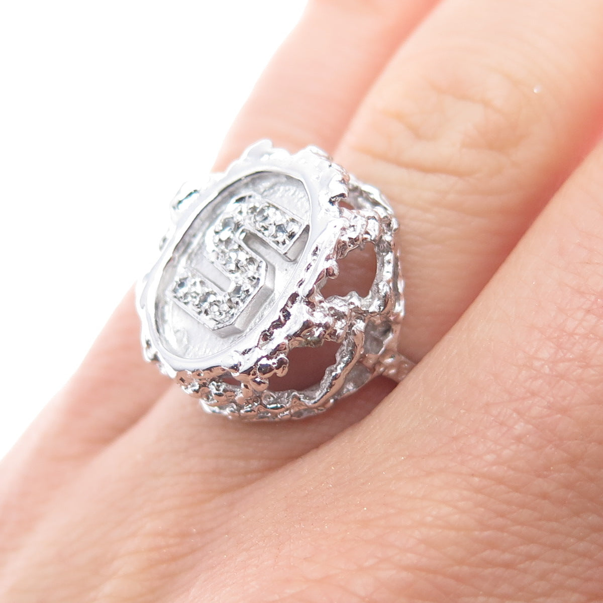 925 Sterling Silver Vintage Real Round-Cut Diamond Letter S Ring Size 6.75