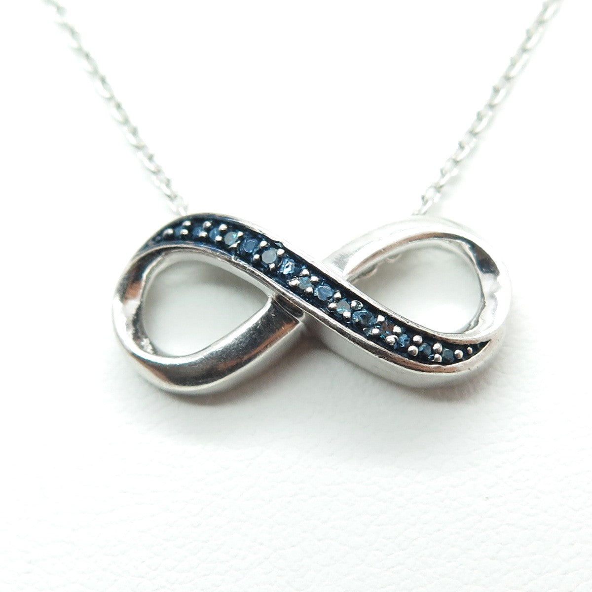 925 Sterling Silver Real Round-Cut Blue Diamond Infinity Chain Necklace 18"