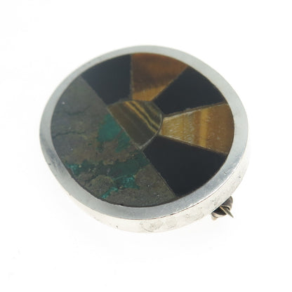 925 Sterling Silver Vintage Mexico Azurite Onyx Tiger Eye Sunrise Pin Pendant