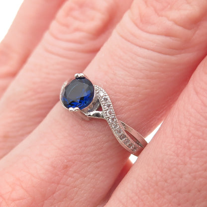 925 Sterling Silver Round-Cut Blue & White C Z Ring Size 7