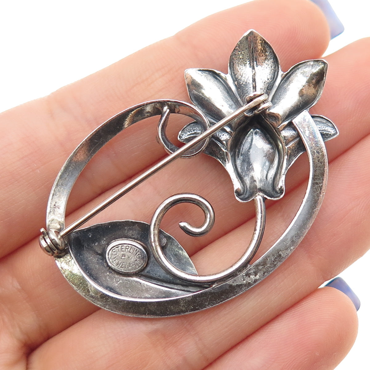 JEWELART 925 Sterling Silver Antique Art Deco Rose Flower Oxidized Pin Brooch