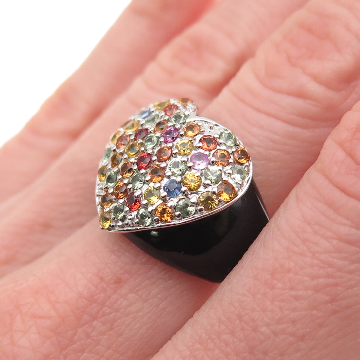 SKJ Sheridan Kennedy 925 Sterling Real Multi-Sapphire Onyx Heart Ring Size 6.25
