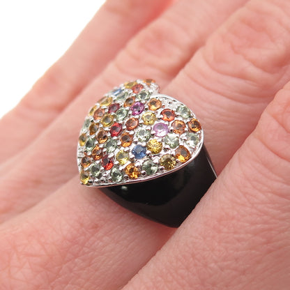 SKJ Sheridan Kennedy 925 Sterling Real Multi-Sapphire Onyx Heart Ring Size 6.25